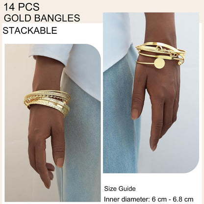 FAXHION Gold Bangle Bracelets for Women, 14 Pcs Multi Layer Stackable Bangle Set, 14K Gold Plated Textured Chunky Bracelets Boho Jewelrys Set