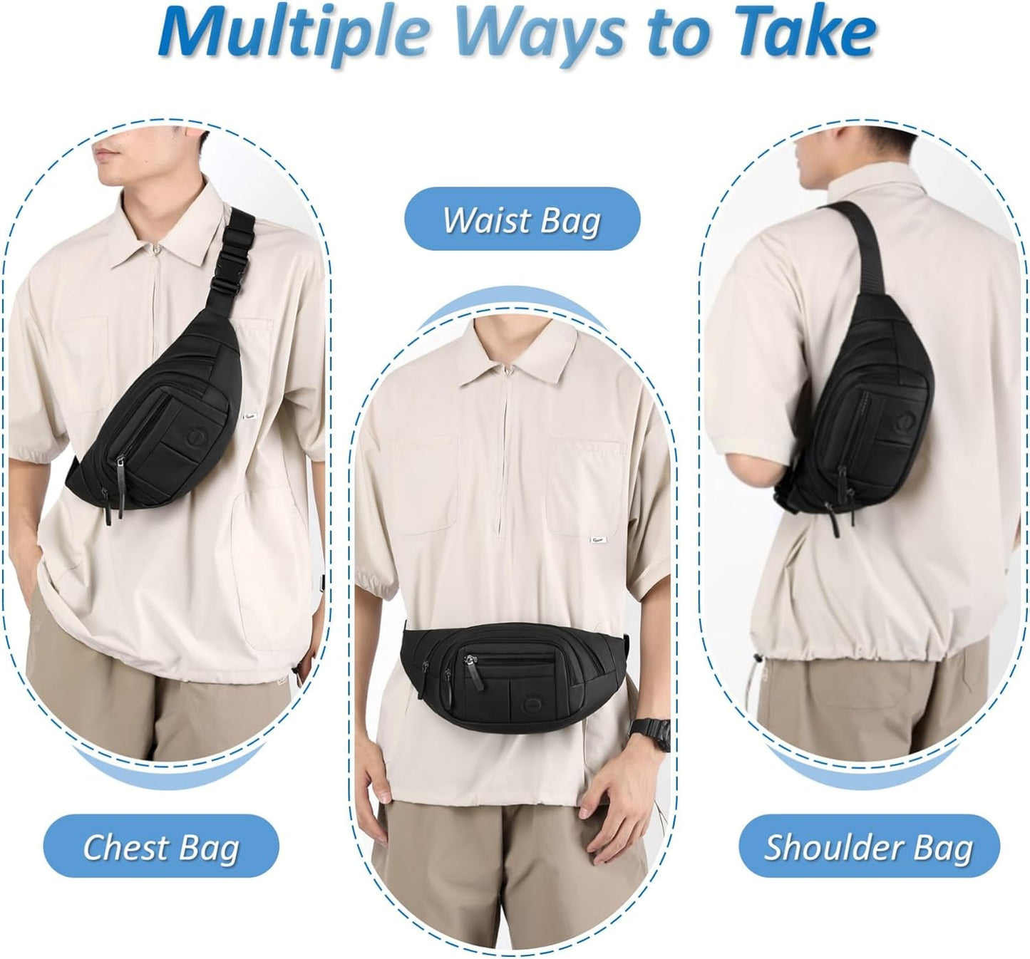 Close-up of four zipper pockets on women's fanny pack showing organization
