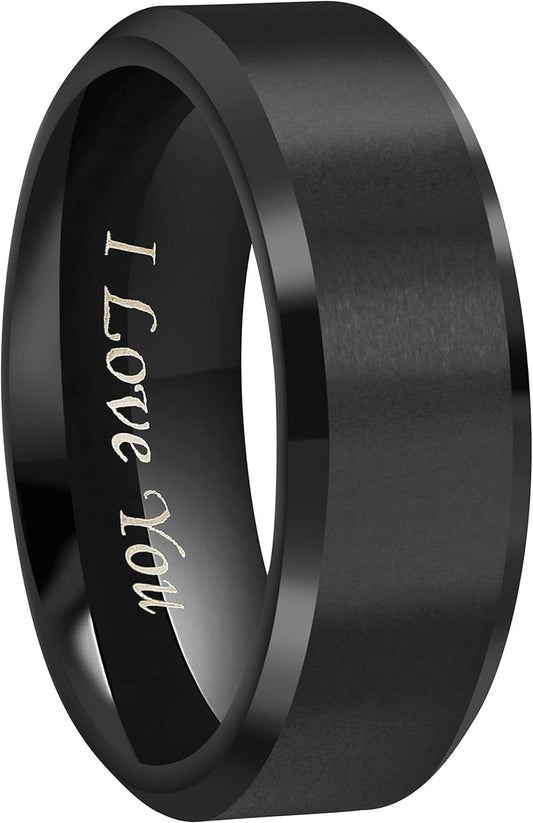 CROWNAL 4Mm 6Mm 8Mm Black/Silver Titanium Wedding Couple Bands Rings Men Women Matte Finish Beveled Edges Engraved I Love You Comfort Fit Size 4 to 16