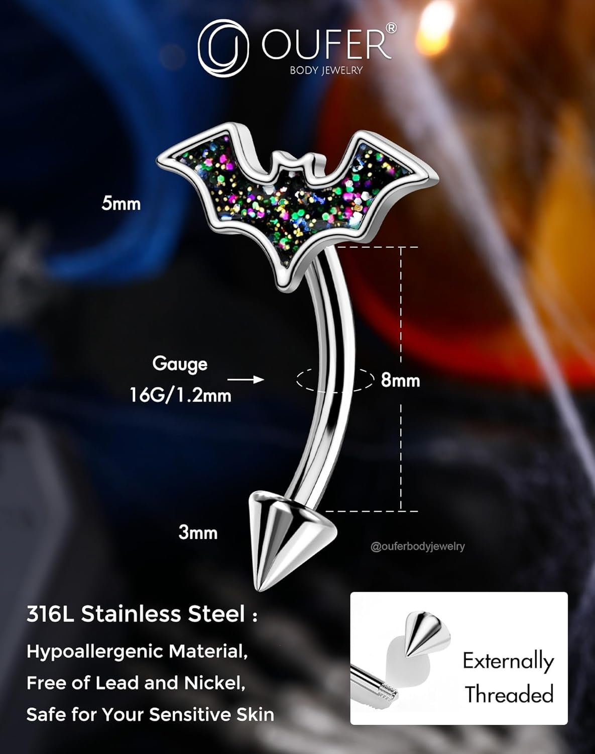 OUFER Bat Halloween Rook Piercing Jewelry, 316L Surgical Steel Eyebrow Piercing Jewelry, Multicolor Glitter Rook Earrings for Women, Hypoallergenic Eyebrow Rings, 16G 8Mm Curved Barbell