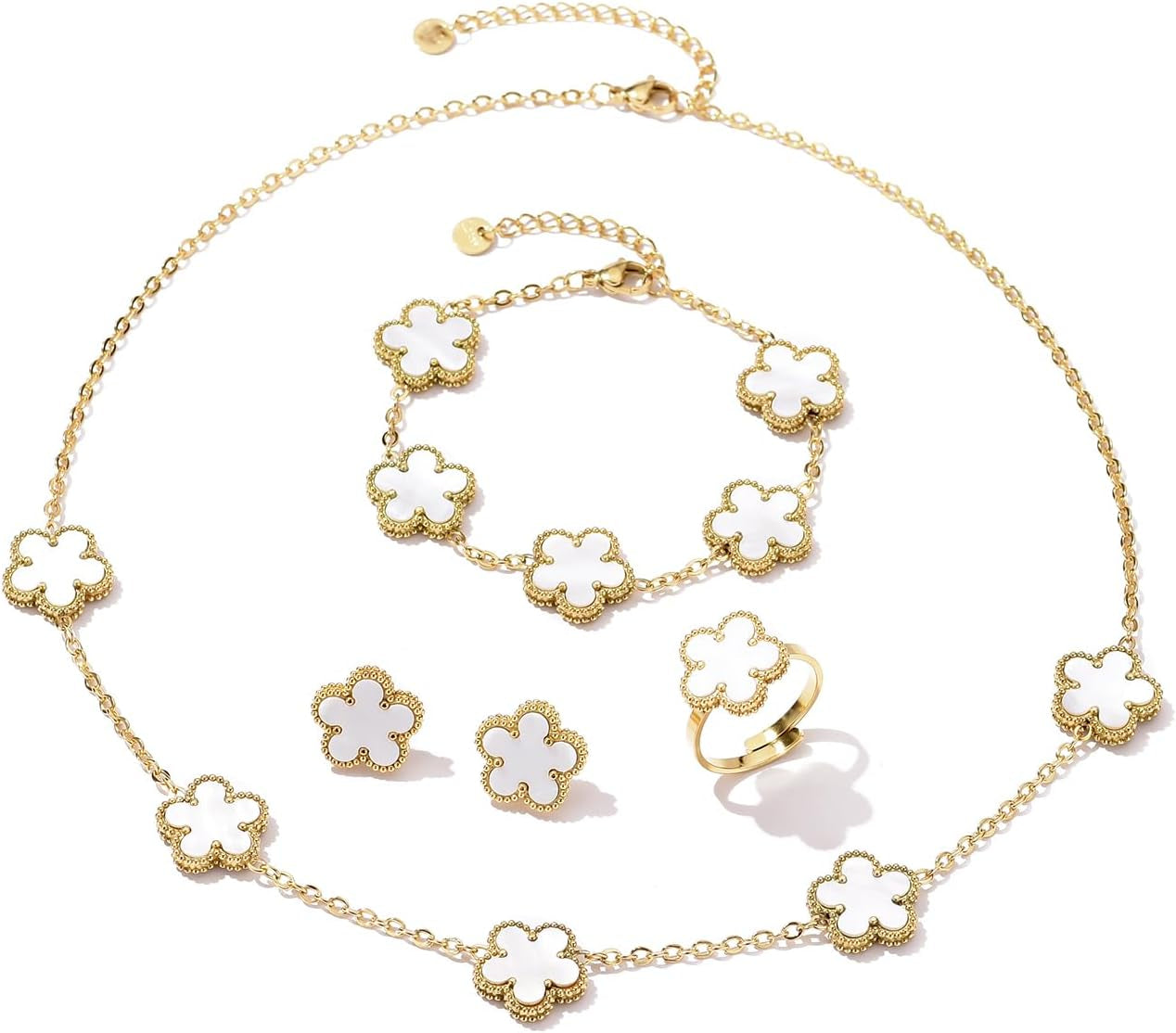 14K Gold Plated Double Sided Clover Bracelet Earring Necklace Rings Clover Sets for Women Lucky Jewelry