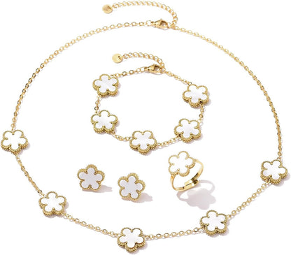 14K Gold Plated Double Sided Clover Bracelet Earring Necklace Rings Clover Sets for Women Lucky Jewelry