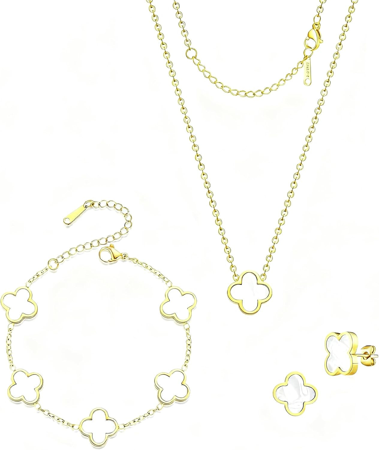 Lucky Clover Sets, 18K Gold Plated Four Leaf Necklace Pendant, Bracelet, Earrings for Women Flower Link Bracelets Set Jewelry Gifts for Women