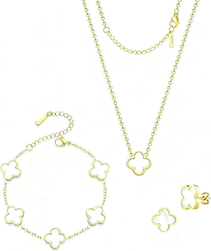 Lucky Clover Sets, 18K Gold Plated Four Leaf Necklace Pendant, Bracelet, Earrings for Women Flower Link Bracelets Set Jewelry Gifts for Women
