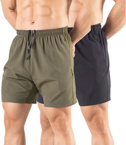Men's 5 inch running shorts in black, front view showing zipper pockets