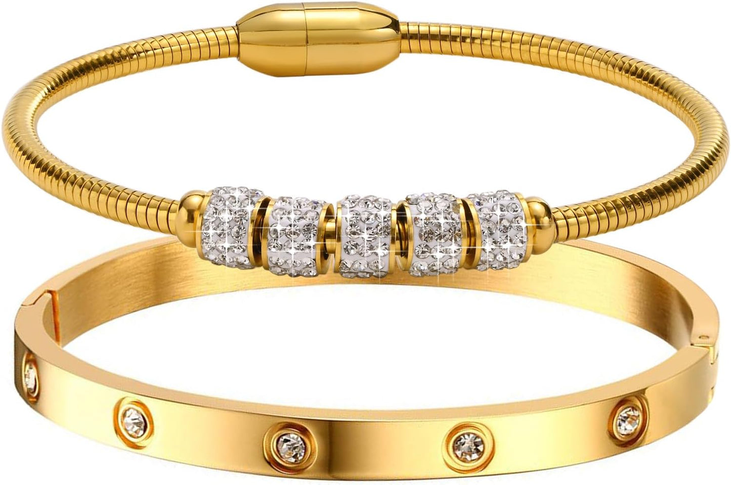 MPRAINBOW Gold Bracelets for Women, 2Pcs 18K Gold Plated Cubic Zirconia Bangle Crystal Friendship Bracelet Jewelry,Wedding Party Christmas Birthday Gifts for Her Girlfriend Sister Daughter