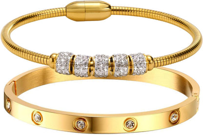 MPRAINBOW Gold Bracelets for Women, 2Pcs 18K Gold Plated Cubic Zirconia Bangle Crystal Friendship Bracelet Jewelry,Wedding Party Christmas Birthday Gifts for Her Girlfriend Sister Daughter