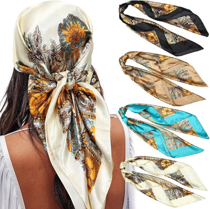 AWAYTR 35” Satin Large Square Head Scarves - 4PCS Silk like Neck Scarf Hair Sleeping Wraps Satin Silk Scarfs for Women