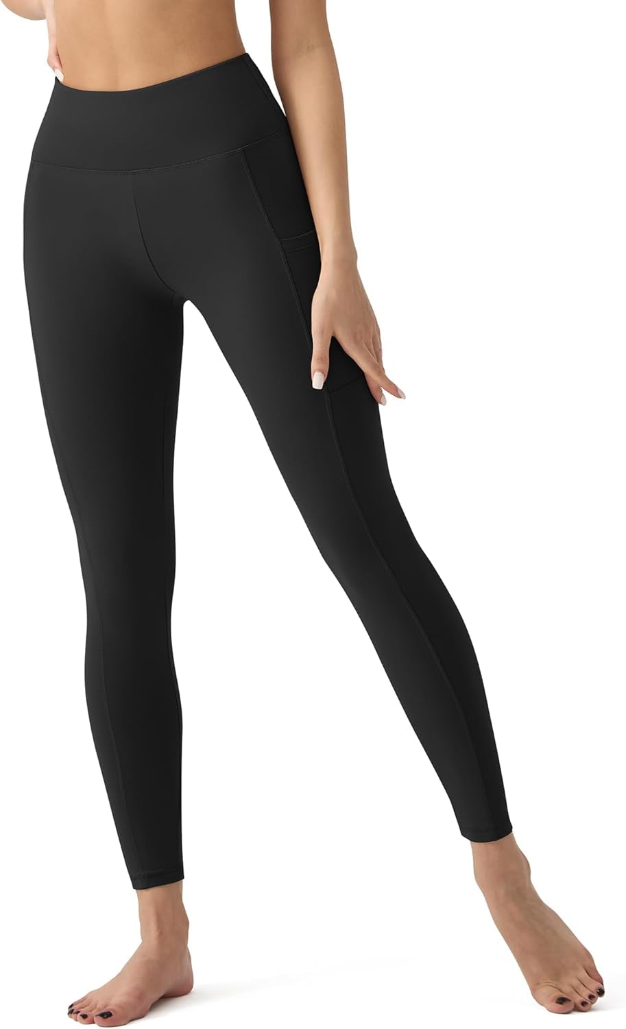 Tummy control leggings side view showing slimming fit on woman
