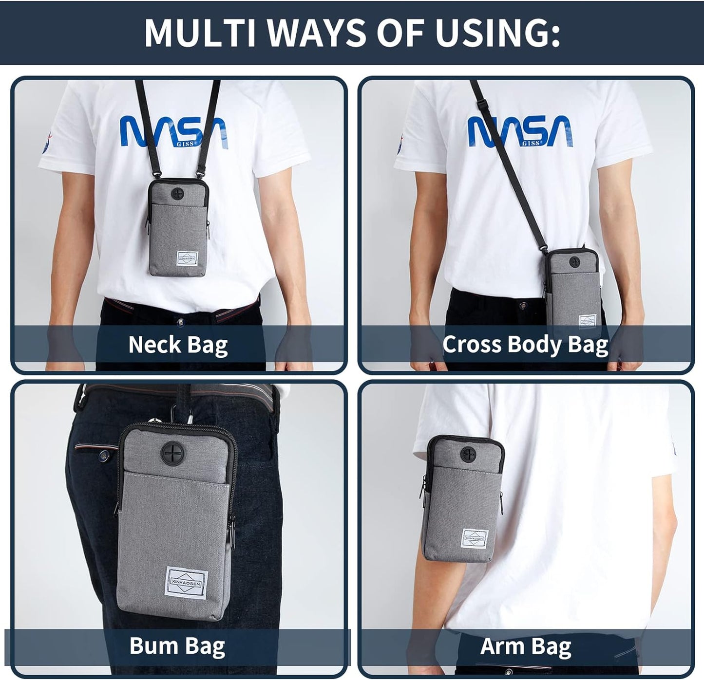 Cell phone purse with removable shoulder strap detail