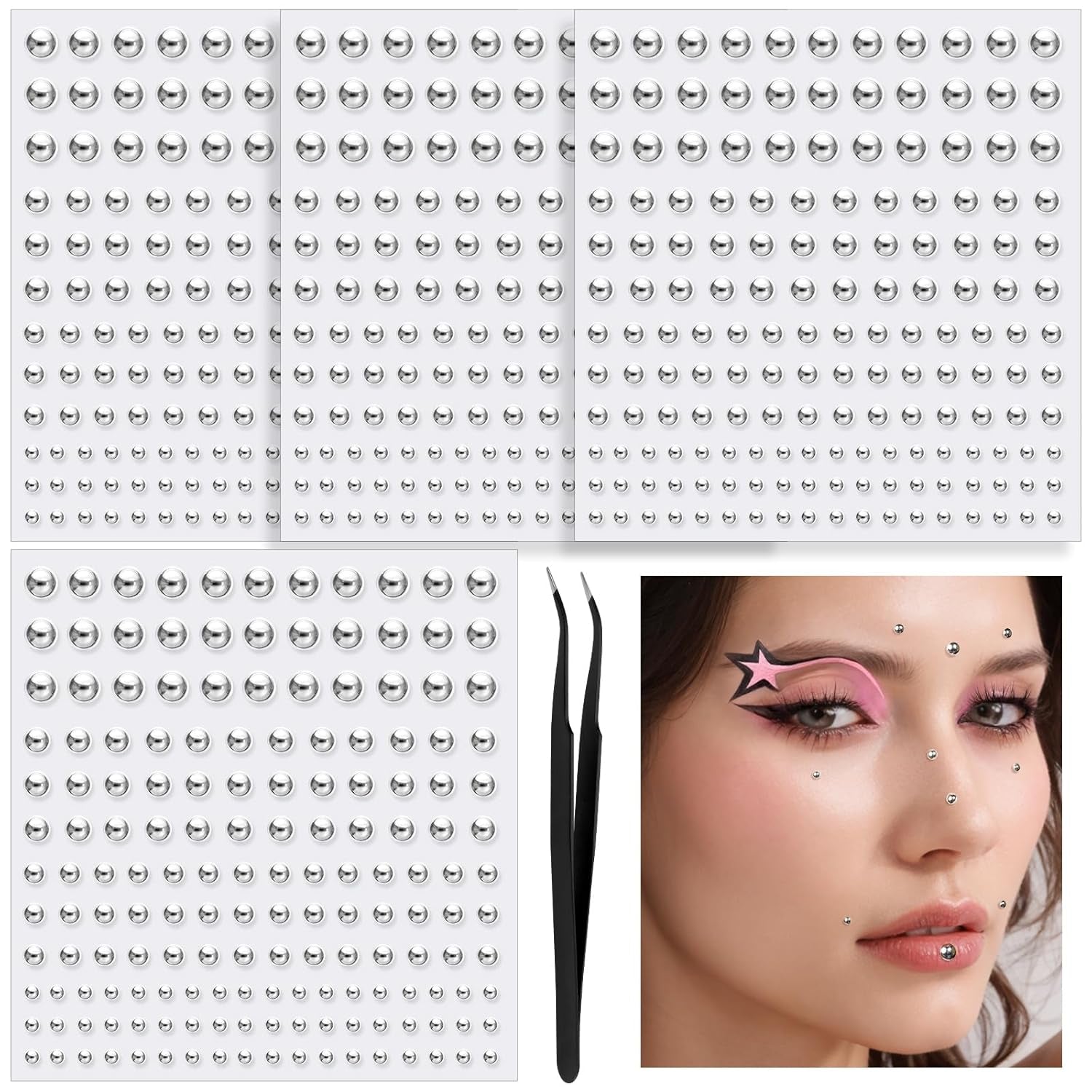 YGDZ Face Gems, Fake Piercings Nose Stud Silver, Fake Eyebrow Piercing, Stick on Face Stickers, Lip Stud, Rave Accessories, Y2K Makeup for Women Men