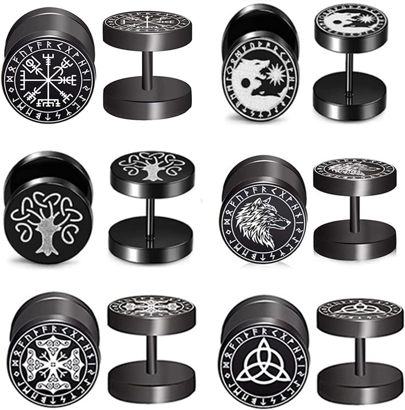 Aroncent 6 Pairs 4-14Mm Black Earrings for Men Women Fake Gauges Fake Earrings Stainless Steel Earrings Set