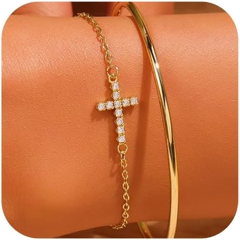 18K Gold Plated Cross Bracelet Bangle Set Silver Bracelets Flexible Wide Wristband Set Adjustable Gold Bangle Bracelet Stack for Women