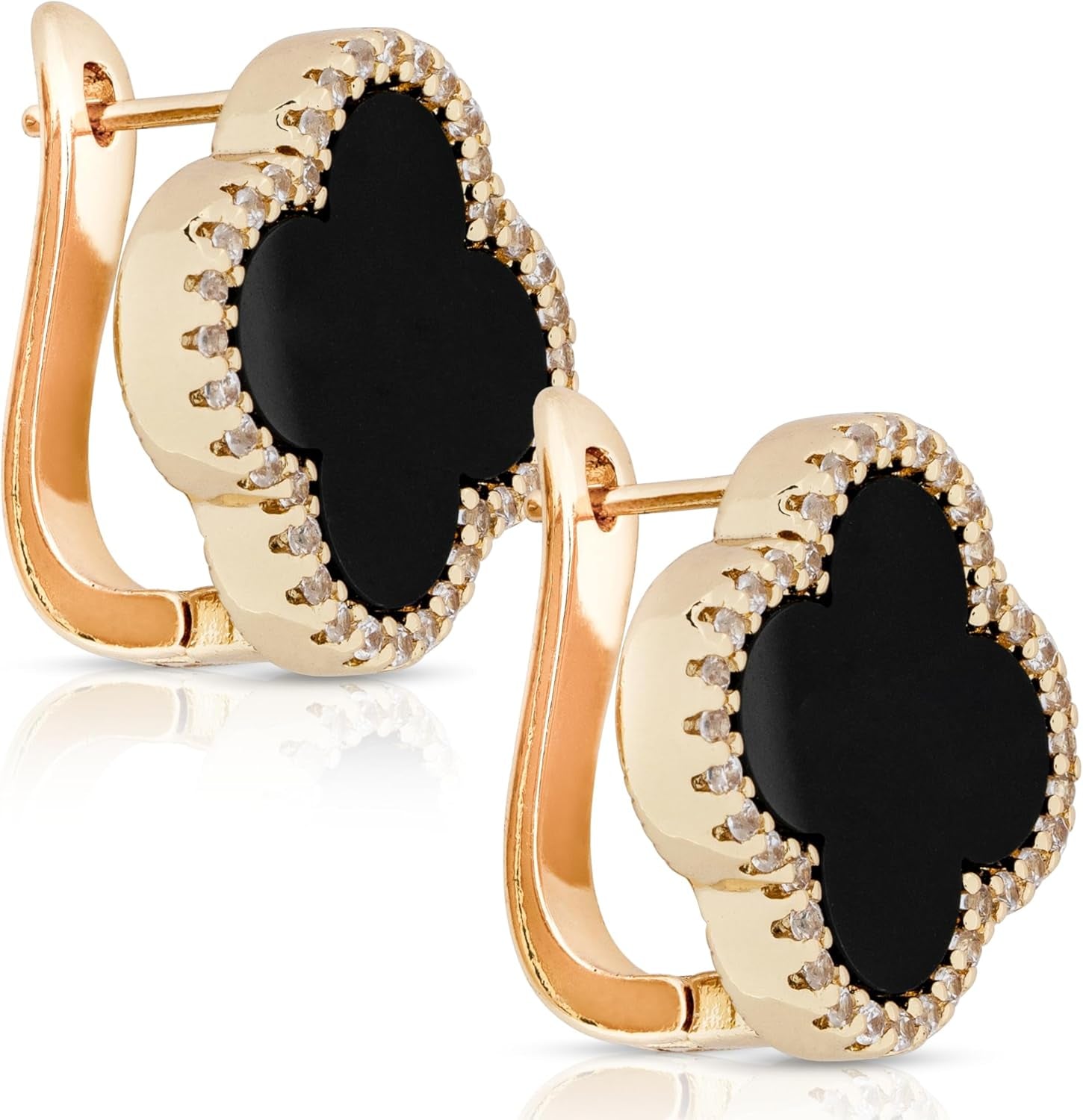 Four Leaf Clover Earrings 18K Gold Plated with Black Agate or White Shell | Mother of Pearl & Cubic Zirconia | Classic English Lock | Tarnish-Resistant Jewelry for Women