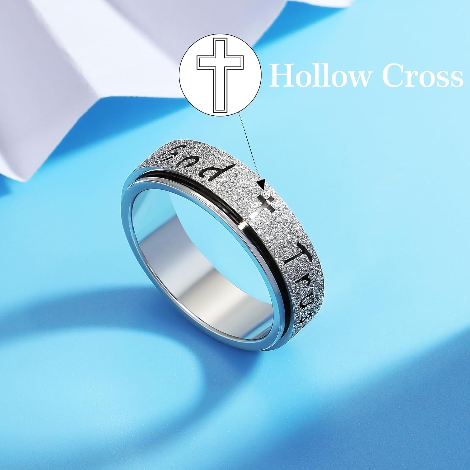 Close-up of rotating fidget band on trust god ring