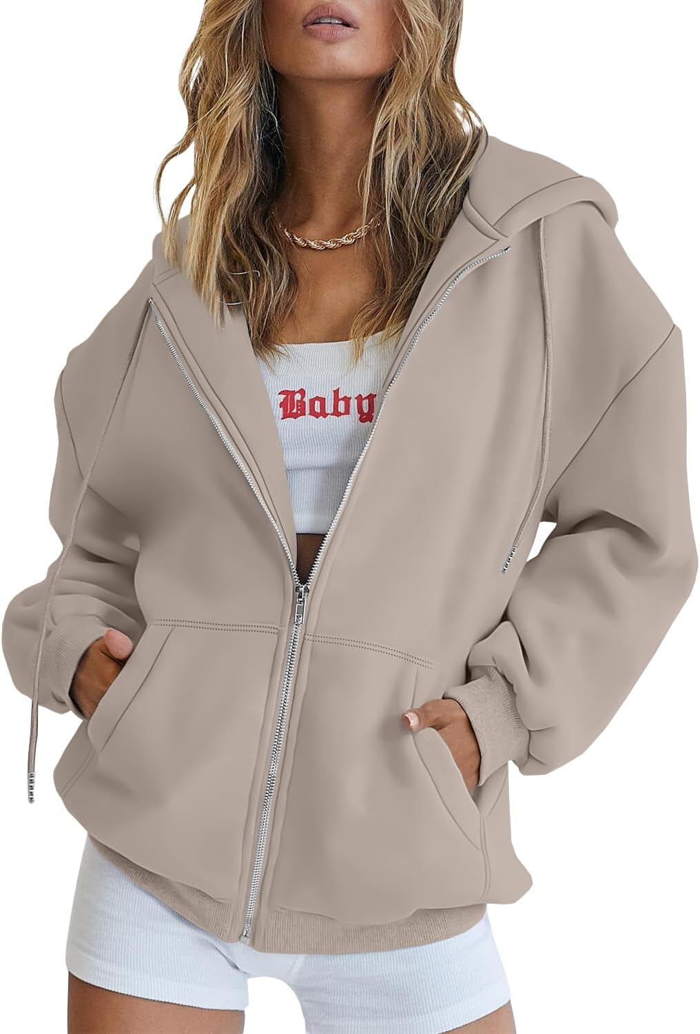Back view of EFAN oversized zip up hoodie with drawstring adjustment