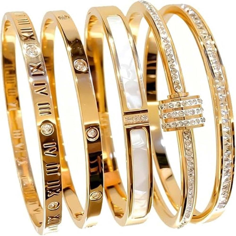 4-Piece Elegant Stainless Steel Bracelet Set Fashionable Classic Design Women Beaded Gold Bead Bracelets Stackable Bangles with Love & Friendship Theme Stainless Steel Jewelry