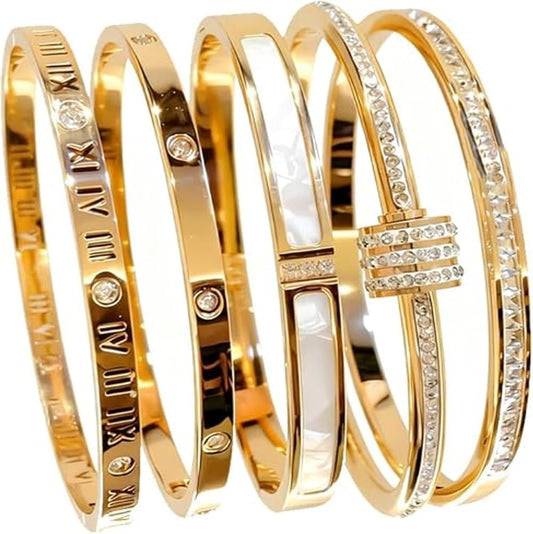 4-Piece Elegant Stainless Steel Bracelet Set Fashionable Classic Design Women Beaded Gold Bead Bracelets Stackable Bangles with Love & Friendship Theme Stainless Steel Jewelry