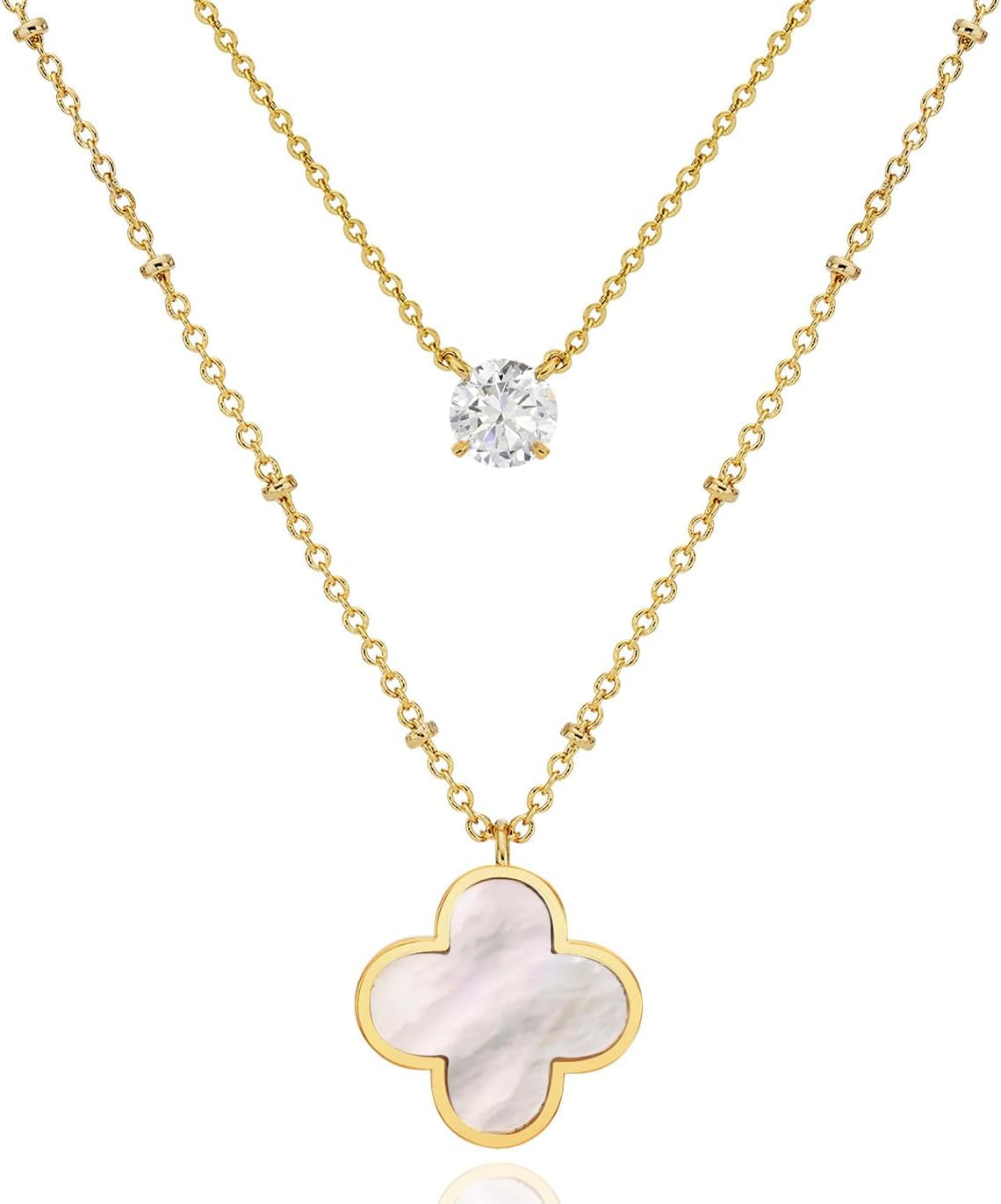 Layered Necklace for Women, 2 Strand Stainless Steel Chains with Clover, Butterfly or Heart Pendant, Dainty Fashion Jewelry Gift