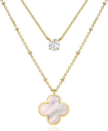 Layered Necklace for Women, 2 Strand Stainless Steel Chains with Clover, Butterfly or Heart Pendant, Dainty Fashion Jewelry Gift