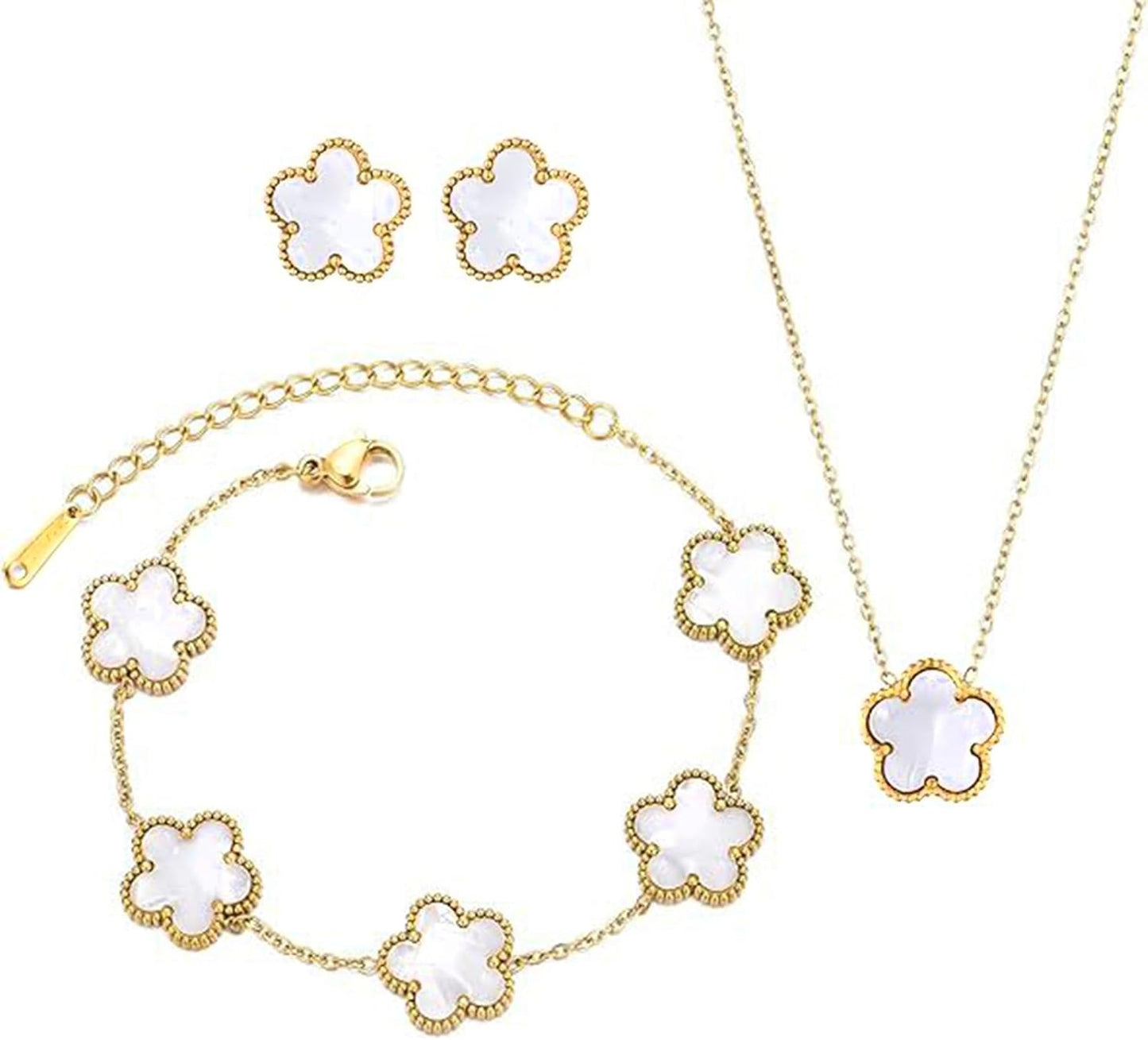 Ladies Clover Lucky Necklace Earrings Bracelet Set 18K Gold-Plated Stainless Steel Flower Reversible Jewelry Set Fashion Women Jewelry