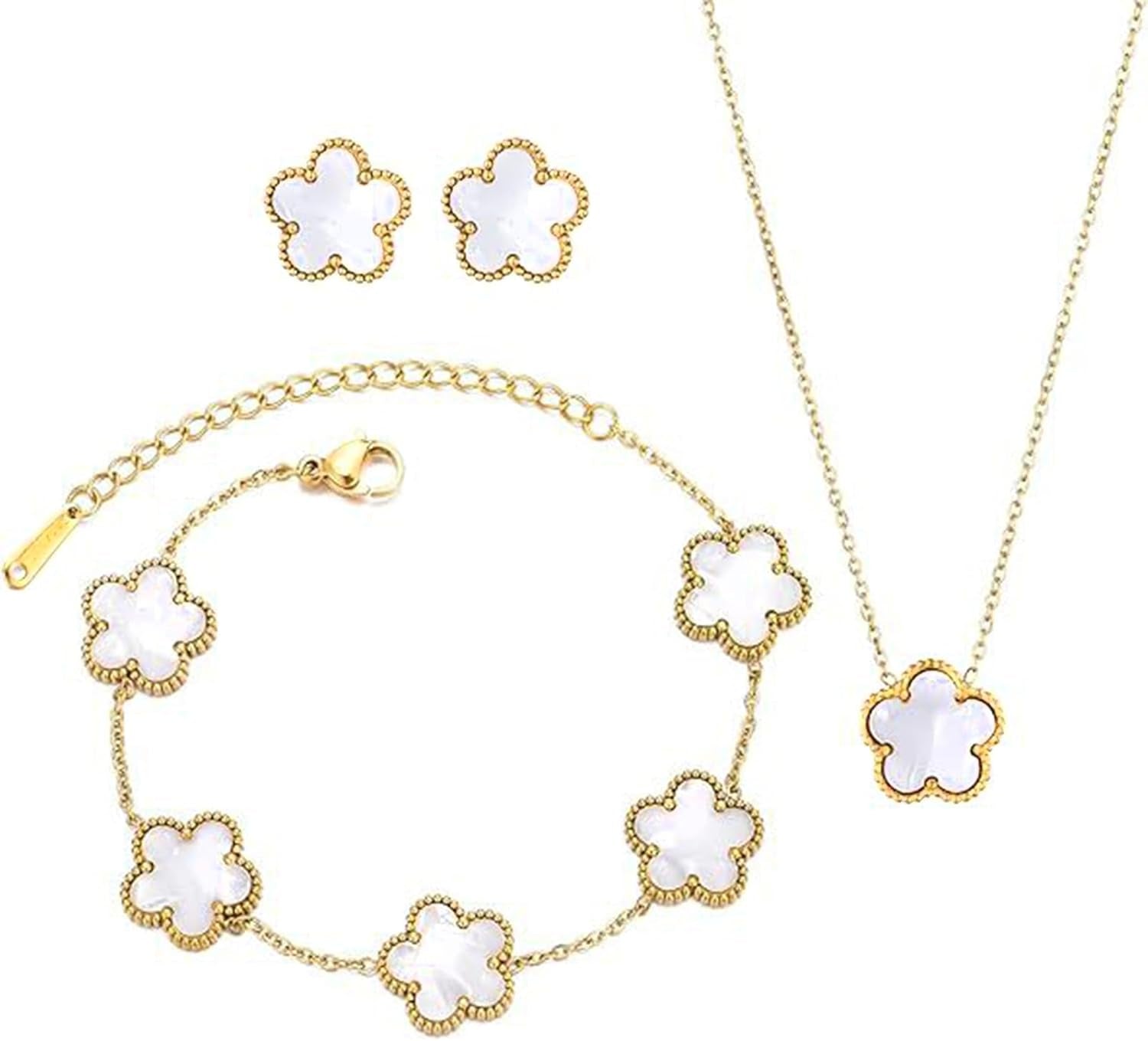 Ladies Clover Lucky Necklace Earrings Bracelet Set 18K Gold-Plated Stainless Steel Flower Reversible Jewelry Set Fashion Women Jewelry