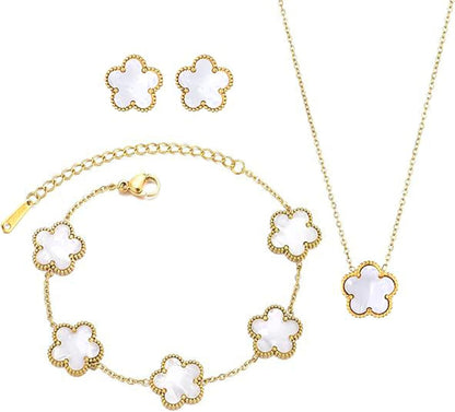 Ladies Clover Lucky Necklace Earrings Bracelet Set 18K Gold-Plated Stainless Steel Flower Reversible Jewelry Set Fashion Women Jewelry