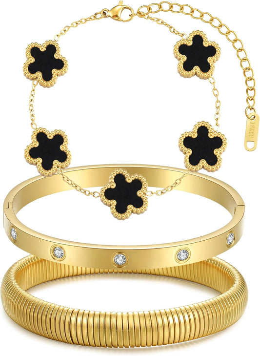 Stackable Four Leaf Clover Bracelets for Women, 18K Gold Plated Love Bangle Bracelets Set, 3 Pcs Chunky Jewelry Gifts