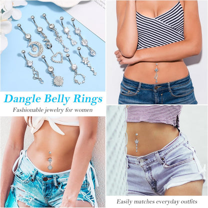 Lucomb 16 PCS 14G Dangle Belly Button Rings for Women, Stainless Steel Dangling Piercing Jewelry Belly Rings, Navel Rings Pack Cute Piercing Barbell Body Jewelry Gifts for Women