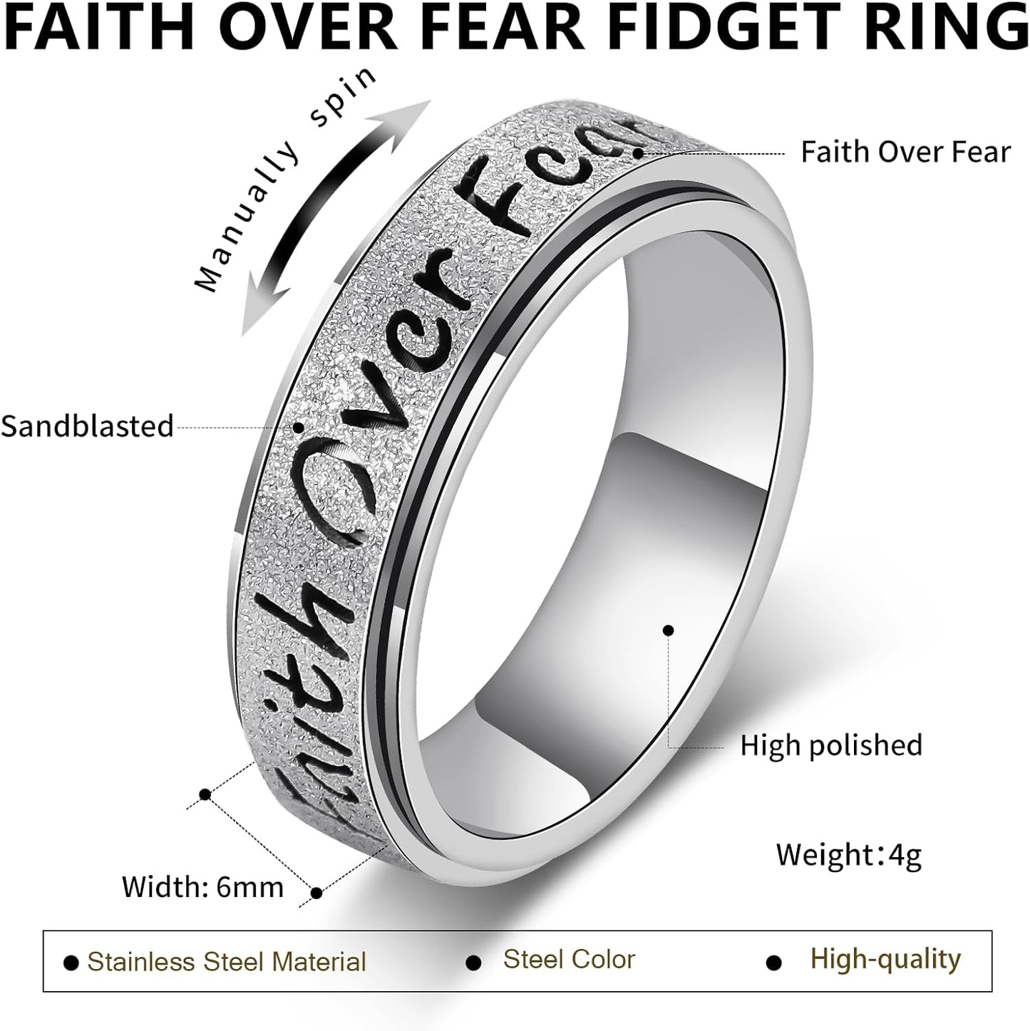 Fidget Spinner Ring for Women - Faith over Fear Stainless Steel Anxiety Relief Rings for Adults, Christian Inspirational Hope Thumb Ring for Stress & Focus, Jewelry Gift for Women Men