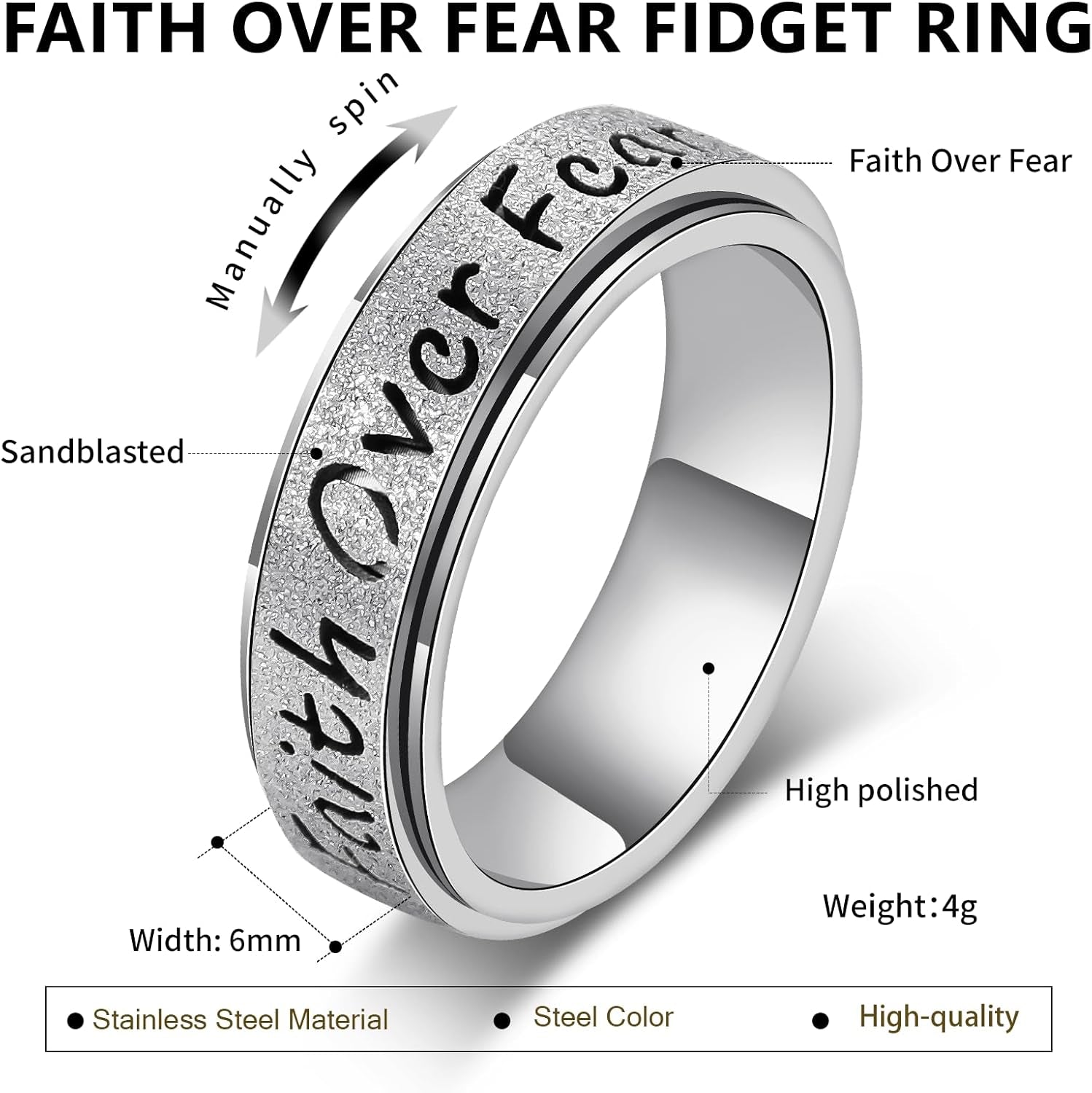 Fidget Spinner Ring for Women - Faith over Fear Stainless Steel Anxiety Relief Rings for Adults, Christian Inspirational Hope Thumb Ring for Stress & Focus, Jewelry Gift for Women Men