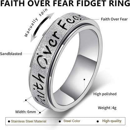 Fidget Spinner Ring for Women - Faith over Fear Stainless Steel Anxiety Relief Rings for Adults, Christian Inspirational Hope Thumb Ring for Stress & Focus, Jewelry Gift for Women Men