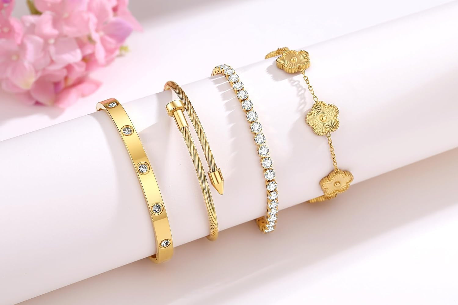 Gold Tone Clover Bracelets Set Love Bangles Bracelets for Women Non Tarnish, Stacking Bracelets Trendy Jewelry Gift for Women