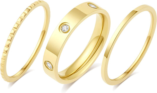 Elegant 3PCS Cubic Zirconia Stackable Love Rings for Women, 18K Gold-Plated Silver-Plated 316L Stainless Steel Hypoallergenic Jewelry, Easter Anniversary Birthday Gifts for Mom Friends Sister