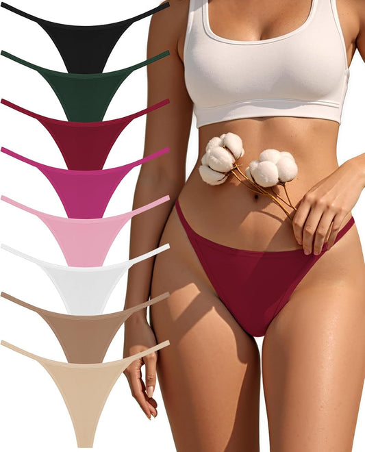 Cotton g-string thongs for women in assorted colors displayed flat lay