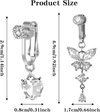 2 Pcs Clip on Fake Belly Button Piercing for Women, Butterfly and Heart Shaped Non-Piercing Silver Fake Belly Button Ring Jewelry for Women
