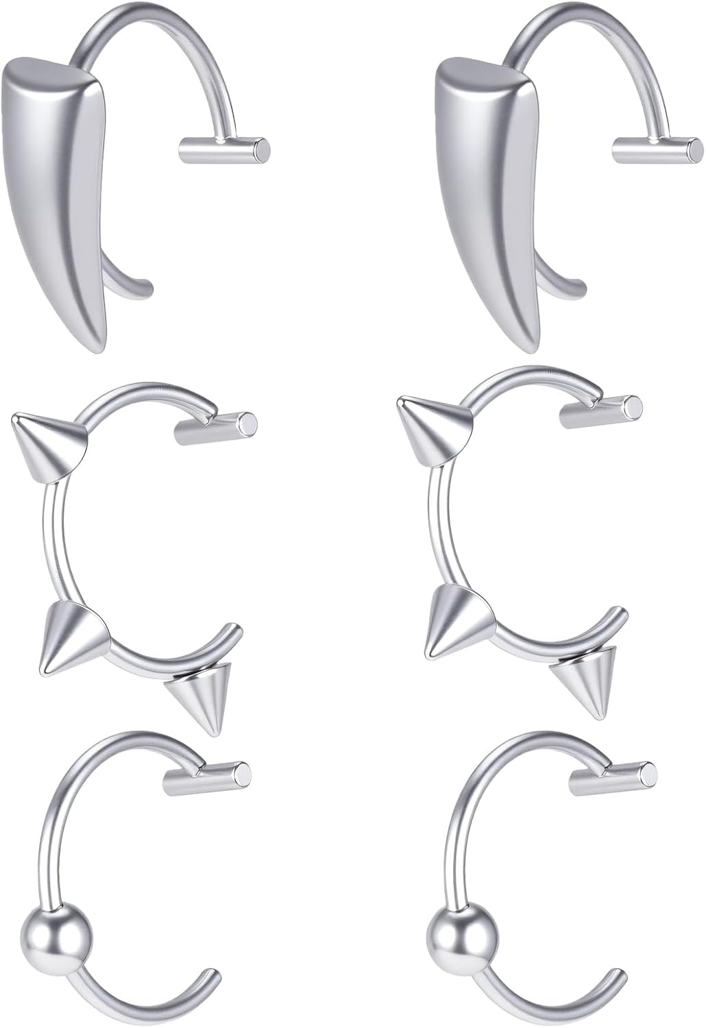 12 Pcs Wolf Teeth Ring Vampire Teeth Ring Stainless Steel Fake Lip Rings Non-Piercing Fake Ear Cuff Lip Cuff Septum Nose Rings for Halloween Accessories (Silver)