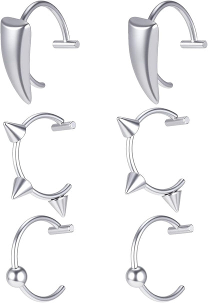 12 Pcs Wolf Teeth Ring Vampire Teeth Ring Stainless Steel Fake Lip Rings Non-Piercing Fake Ear Cuff Lip Cuff Septum Nose Rings for Halloween Accessories (Silver)