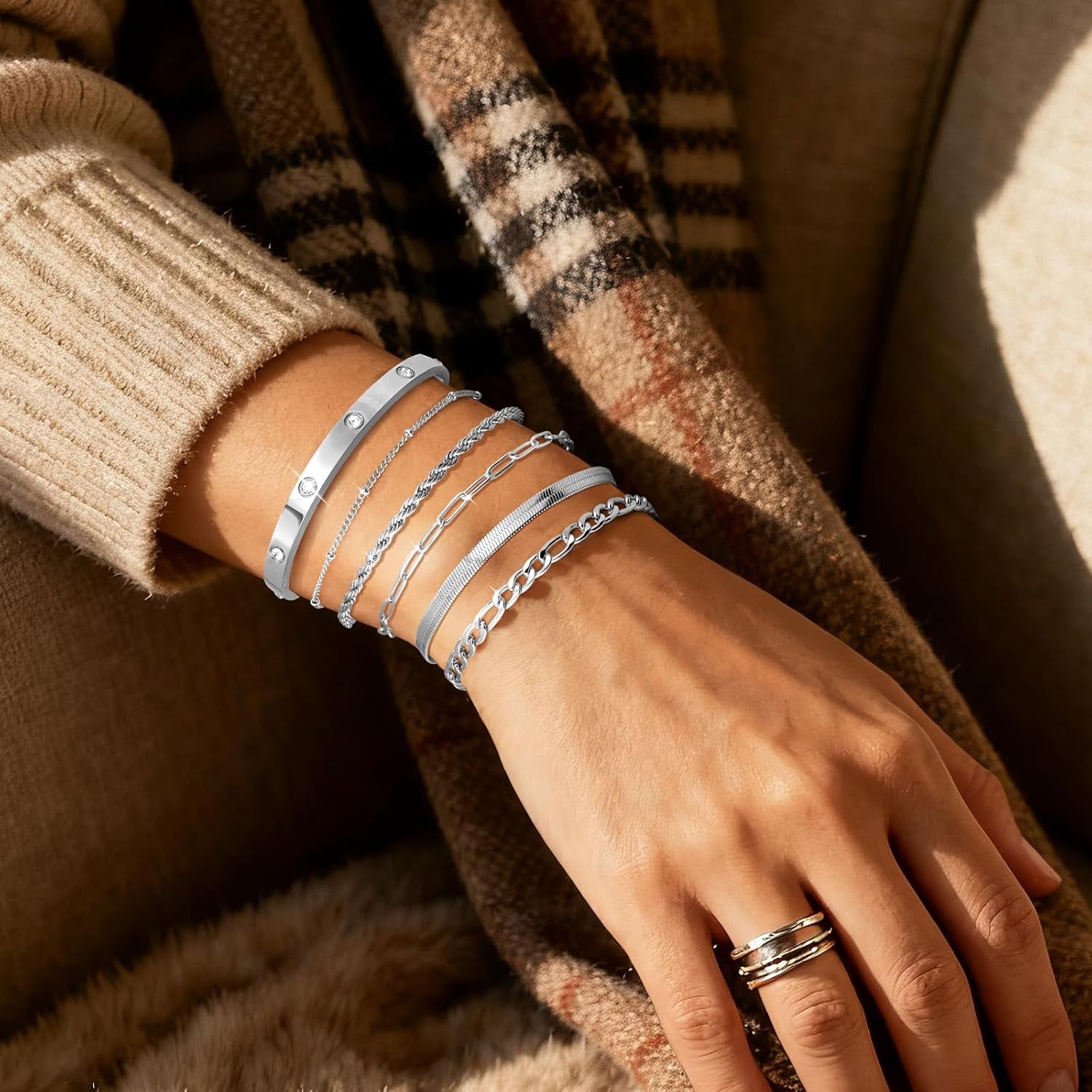 Gold Bracelets for Women Non Tarnish, Dainty 18K Gold Plated Bracelets Stack Trendy Waterproof Stackable Bangles, Cuban Link Paperclip Chain Jewelry Set Fashion Accessories Gifts for Women