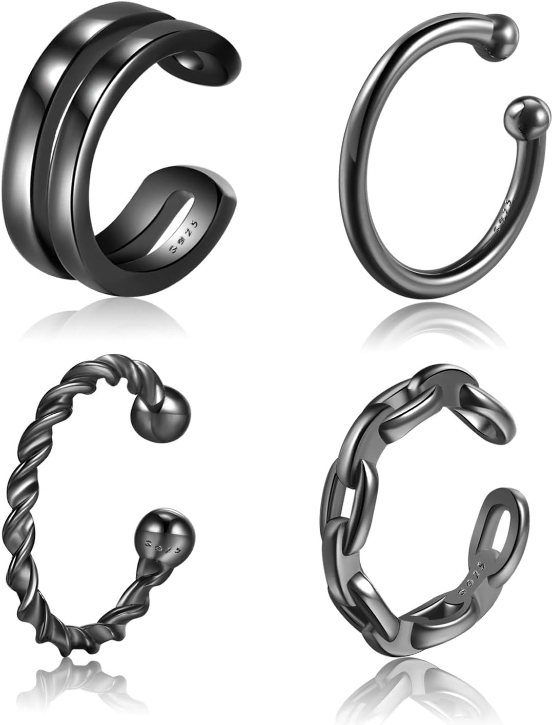 CHIC & ARTSY 925 Sterling Silver Ear Cuffs for Women, Non Piercing Clip on Cartilage Cuffs, Adjustable Fake Conch & Helix Earrings, Gold Plated & Oxidized Various Styles