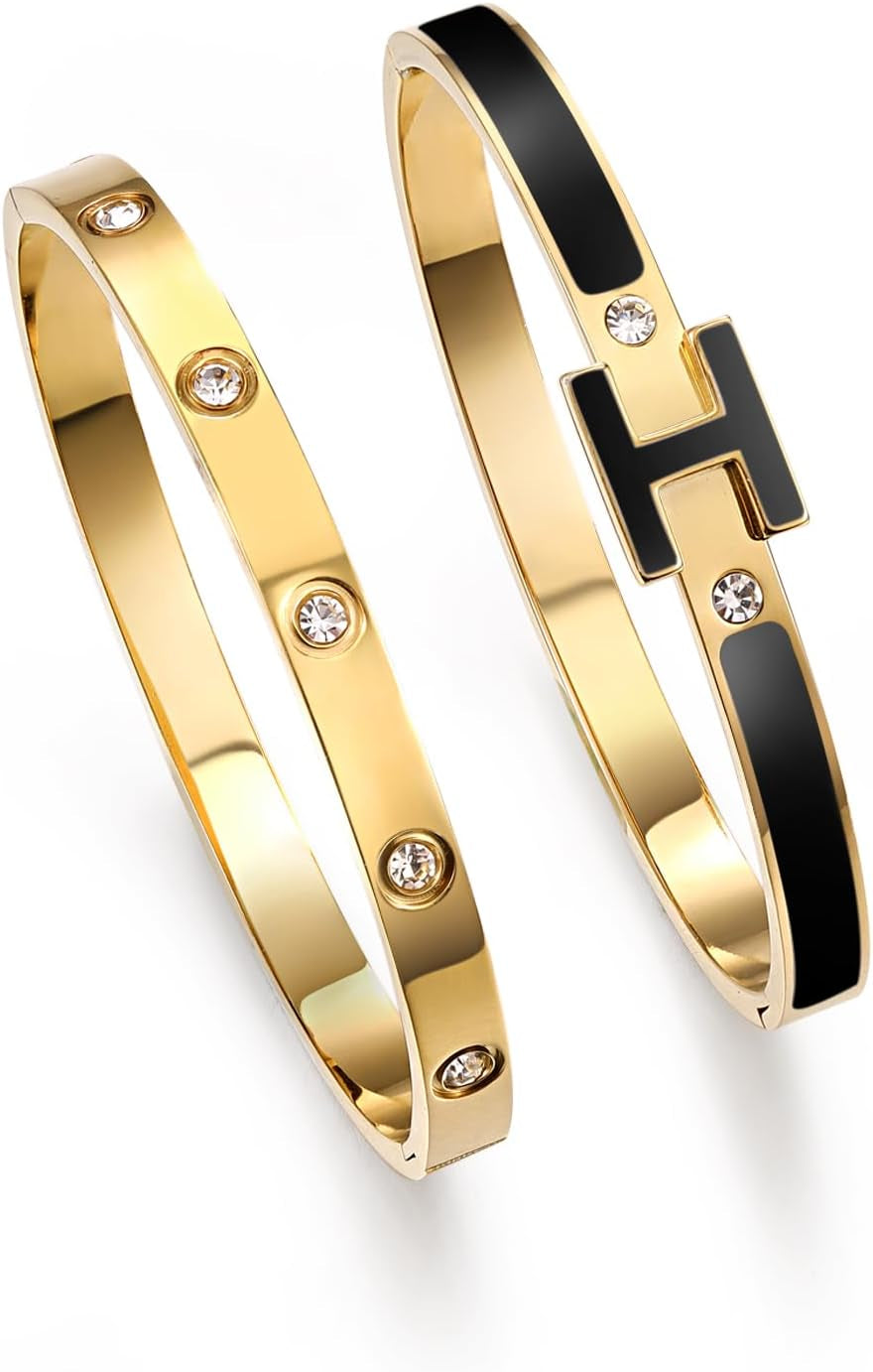 14K gold plated love bangle bracelet on womens wrist stacked