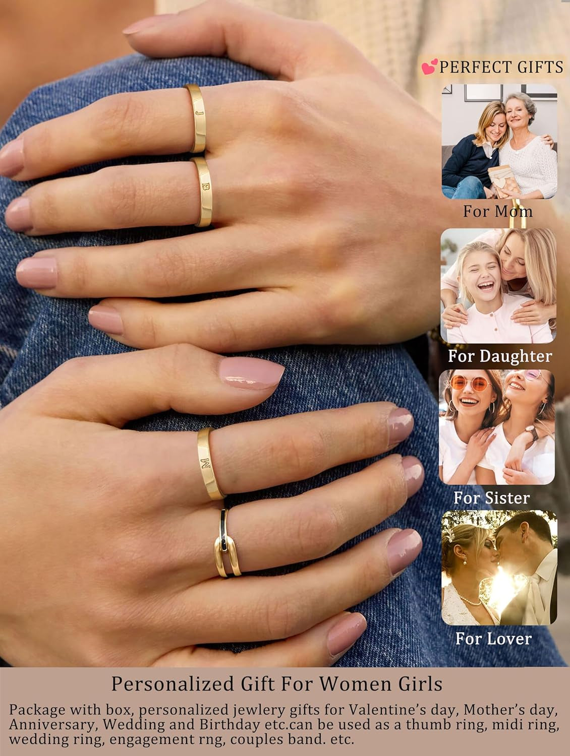Engagement style personalized gold initial ring flat lay