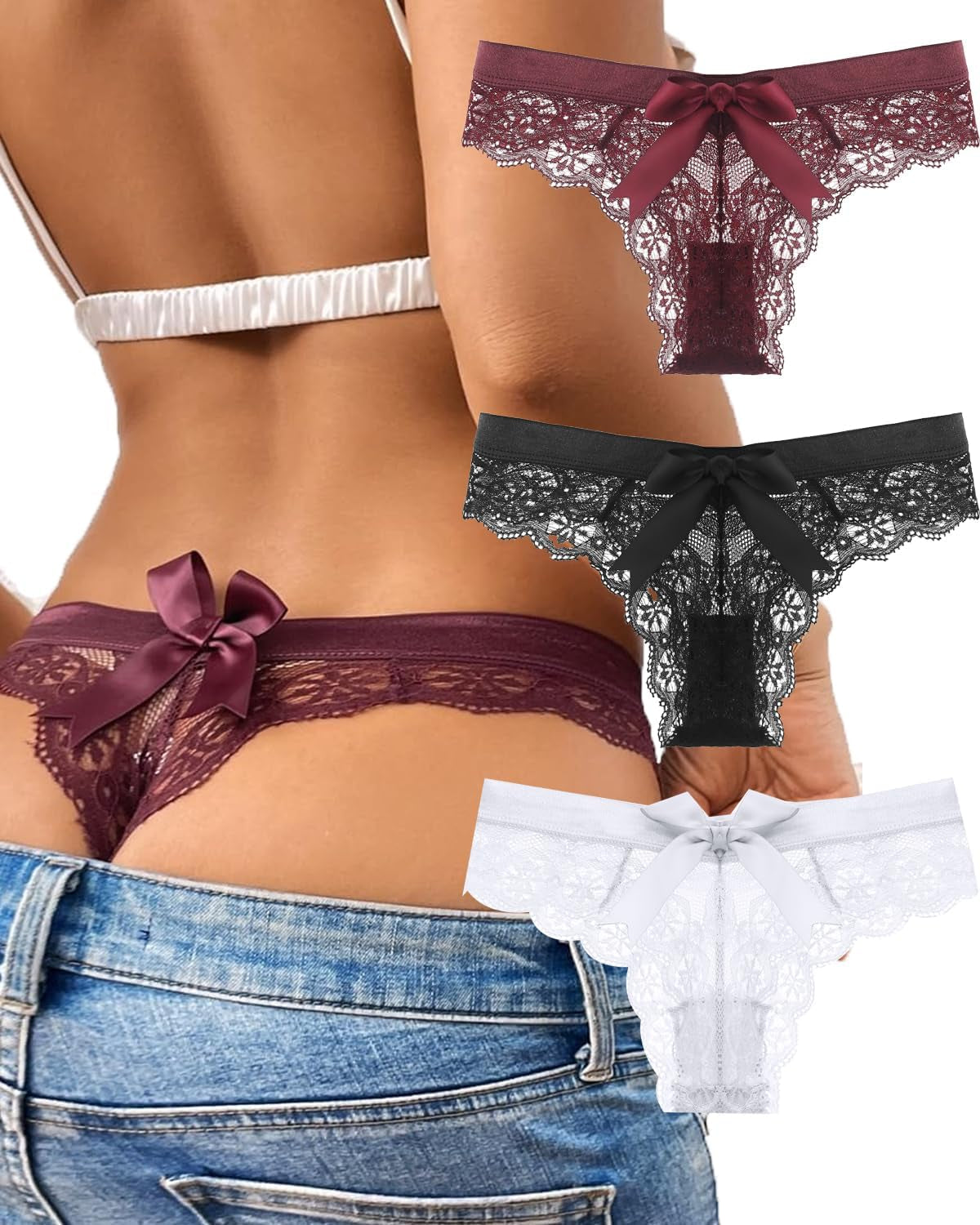 Justgoo G-String Thongs for Women T-Back Lace Hollow Out Thongs Sexy Low Waist Underwear Panties 5 Pack