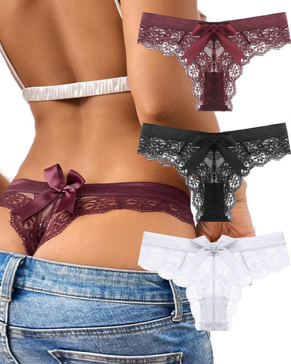 Justgoo G-String Thongs for Women T-Back Lace Hollow Out Thongs Sexy Low Waist Underwear Panties 5 Pack