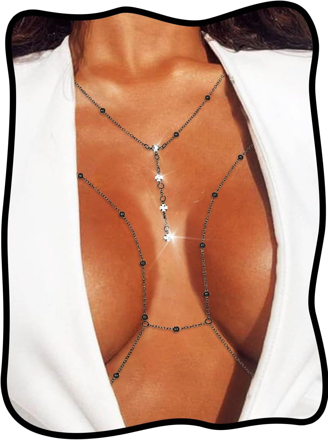 Urieo Sparkly Beads Bra Chain Silver Crystal Chest Chains Rhinestone Layered Sexy Nightclub Beach Rave Body Chain for Women