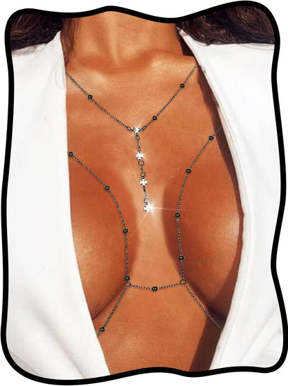 Urieo Sparkly Beads Bra Chain Silver Crystal Chest Chains Rhinestone Layered Sexy Nightclub Beach Rave Body Chain for Women