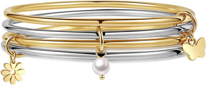 DS Bangle Bracelets for Women 18K Gold Plated Stainless Steel Layering Glossy Stackable Thin round Wire Cuff Bangle Bracelets Dainty Solid Polished Bracelet Minimalist Jewelry Best Gifts for Love