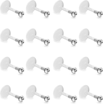 FIBO STEEL 16 Pcs 16G Clear Bioflex 2MM CZ Labret Monroe Lip Ring Helix Stud Earrings Body Jewelry Piercing