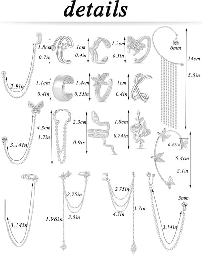 Tornito 17Pcs Ear Cuffs Chain Earrings Snake Butterfly Leaf Non Piercing Clip on Earring Fake Helix Cartilage Earrings Ear Clip Jewelry Silver Gold Tone