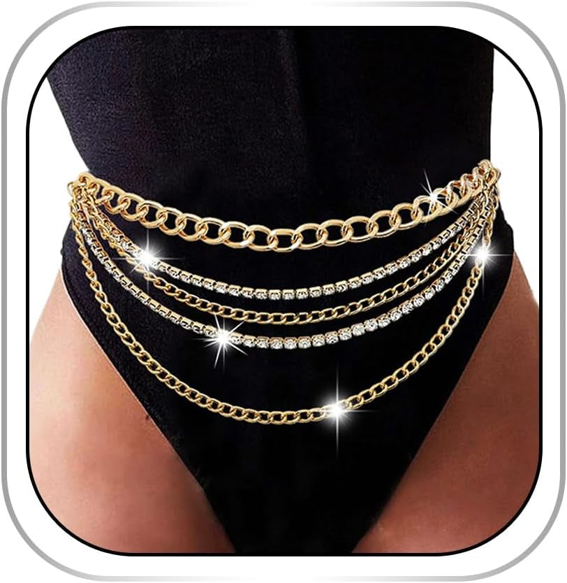 Rhinestone Sparkly Waist Chain Gold Layered Waist Chains Crystal Belly Chain Tassels Body Jewelry for Women